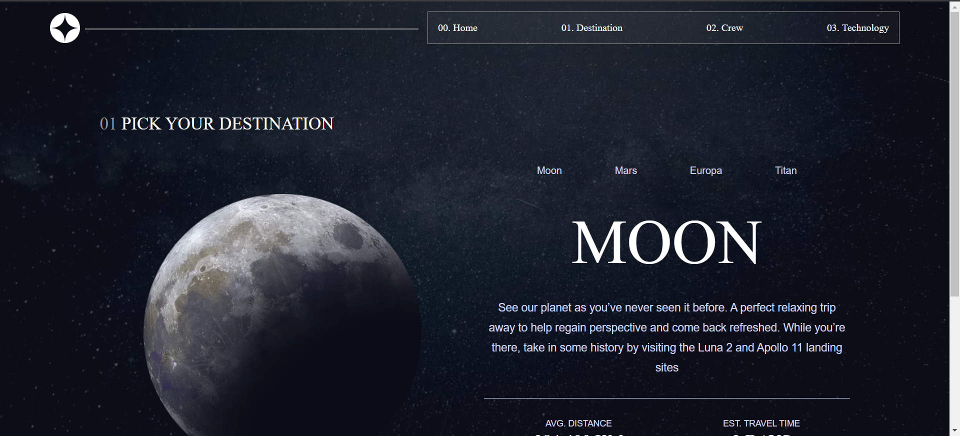 space tourism website's destination page